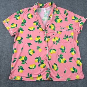 Joyspun Pajama Top Kids M 8-10 Pink Lemon Print Short Sleeve Button Down Shirt